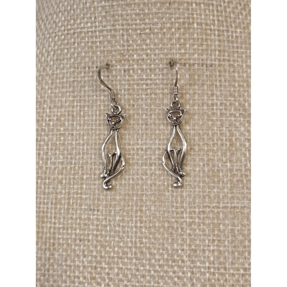 Vintage Suvani Sterling Silver Tall Cat Dangle Earrings